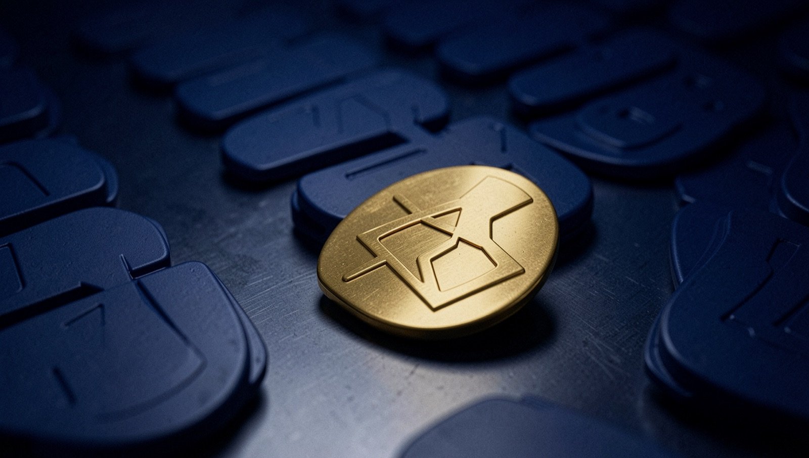 Uma longa fila de emblemas de metal idênticos em azul-noite, e um único emblema de latão dourado em primeiro plano, com relevo e uma marca de punção, sob um foco de luz quente.