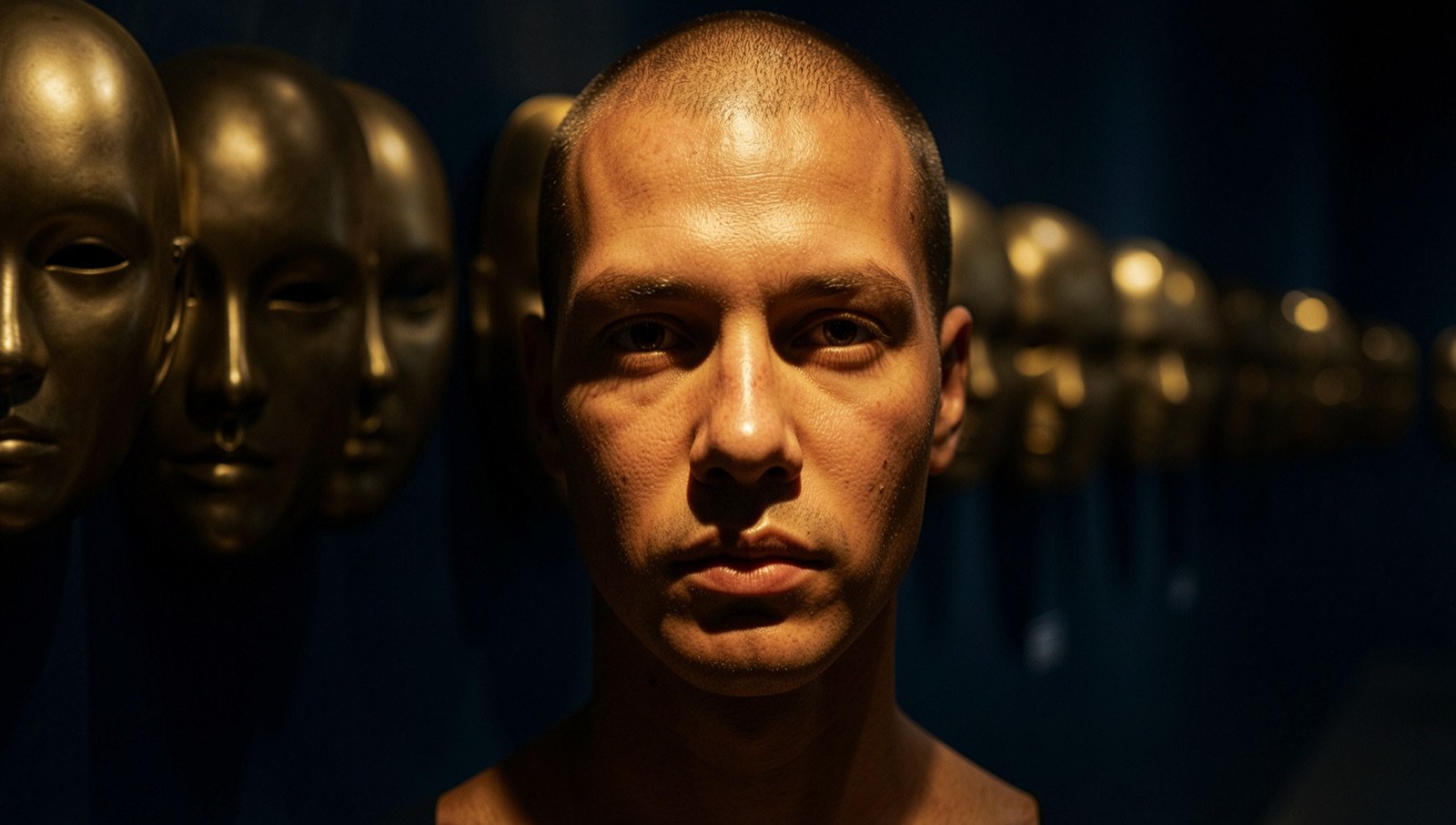 Um rosto humano real, iluminado por luz quente dourada em primeiro plano, destaca-se de uma fila que recua de máscaras metálicas idênticas e sem rosto, num fundo azul-noite escuro.