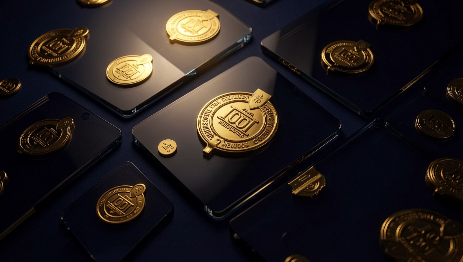 Um único emblema dourado de marca, com relevo, repetido em vários ecrãs de tamanhos diferentes sobre fundo azul-noite, do favicon minúsculo ao painel grande, sob luz cinematográfica.