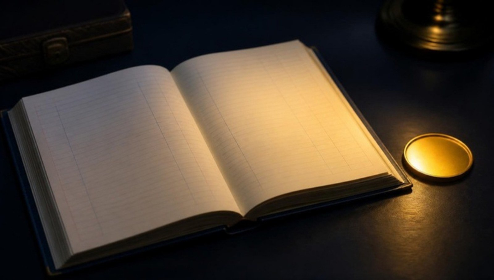 Livro de contabilidade aberto, de páginas em branco, numa secretária azul-noite, com um disco dourado ao lado a iluminar as páginas.