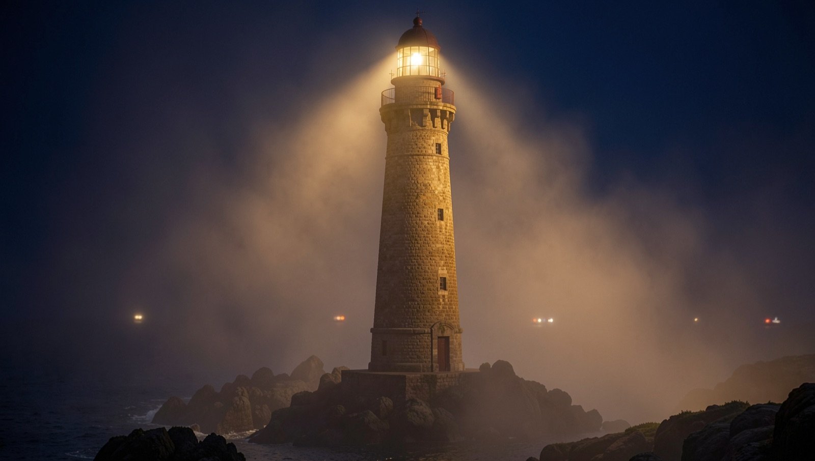 Um farol de pedra firme, com um facho dourado a varrer a névoa, sobre uma costa rochosa ao anoitecer; à volta, poucas luzes dispersas e ténues de barcos perdem-se no nevoeiro azul-noite.