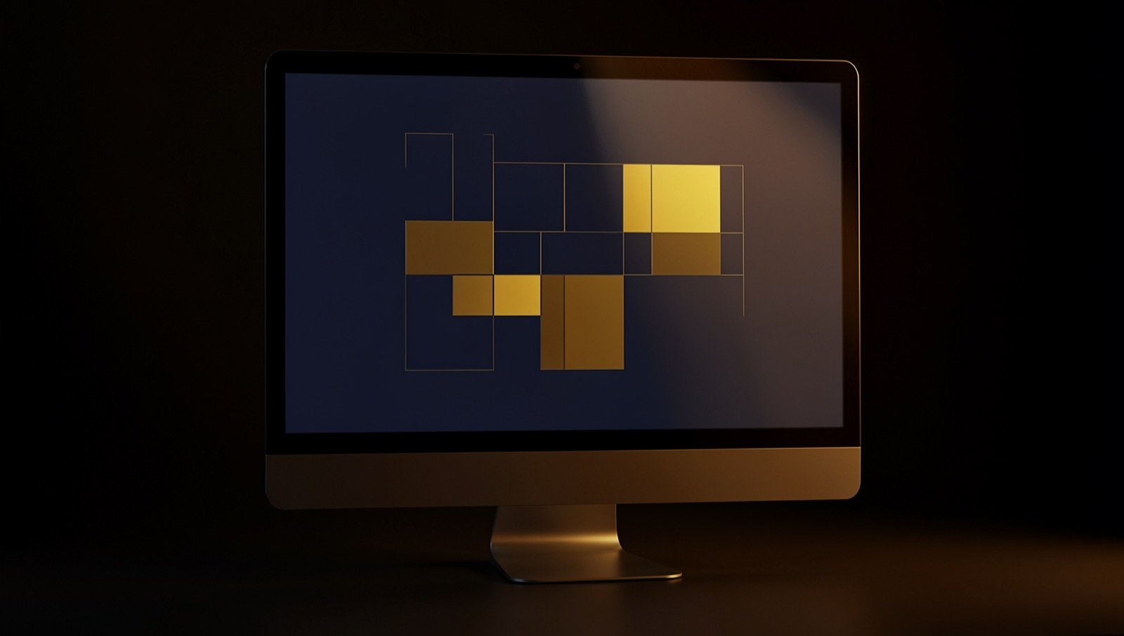 Um monitor num estúdio escuro, com o ecrã a mostrar o layout de um website em blocos azul-noite e dourados.