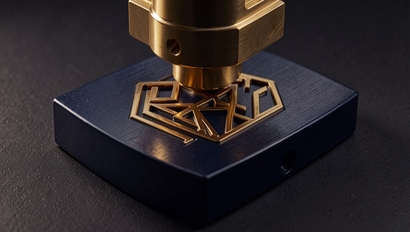 Um punção metálico dourado a gravar em relevo um emblema geométrico abstrato numa chapa azul-noite, num estúdio escuro.