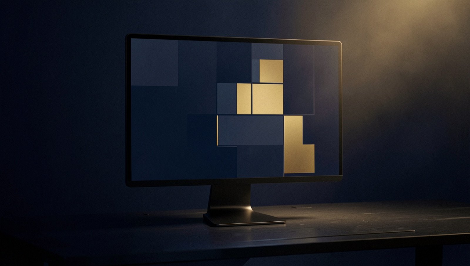 Monitor num estúdio escuro, com o ecrã a mostrar o layout de um website em blocos azul-noite e dourados.