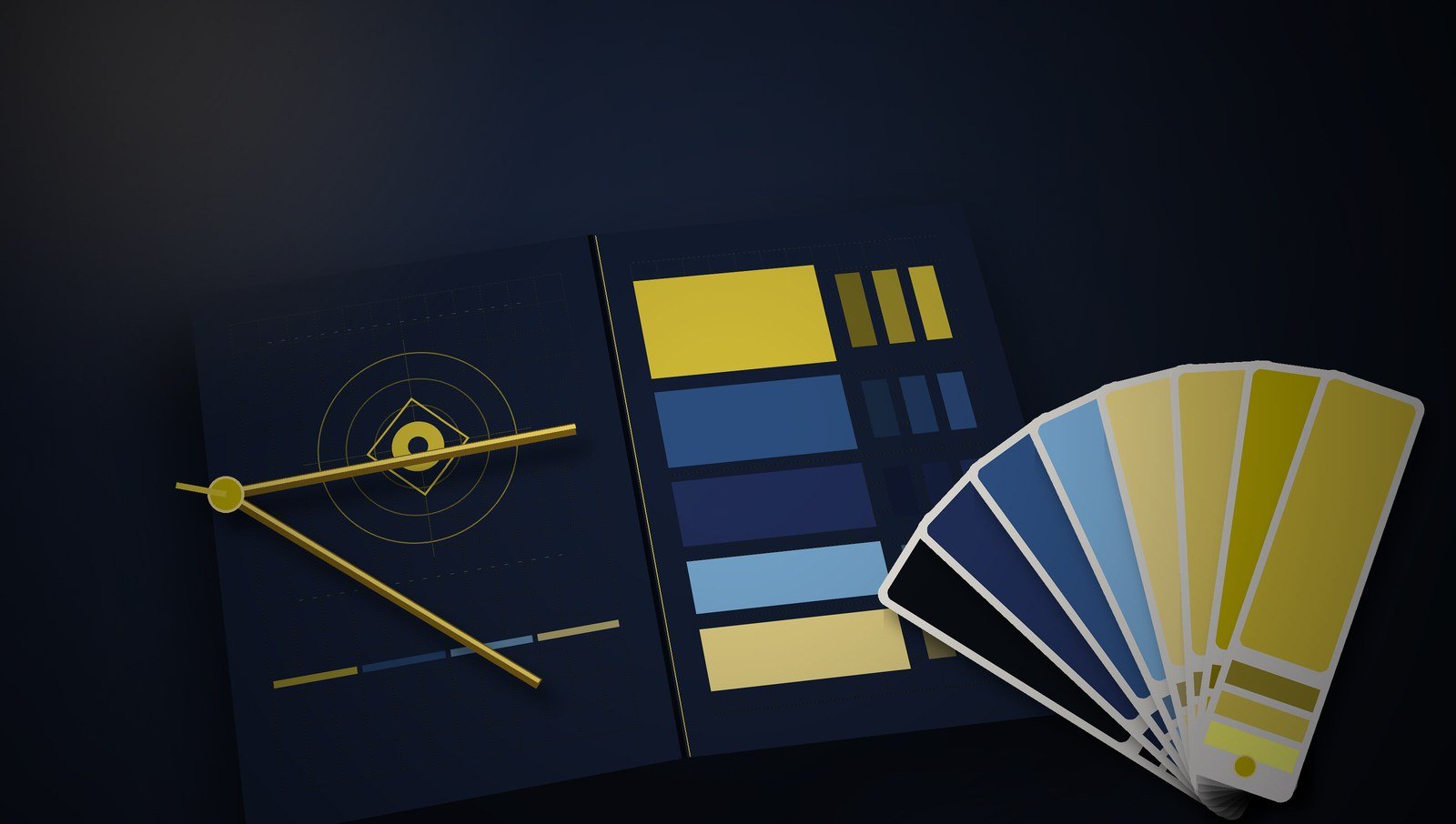 Um caderno de normas gráficas aberto sobre uma superfície azul-noite, com grelhas geométricas e blocos de cor, um compasso dourado e um leque de amostras em azul e dourado.